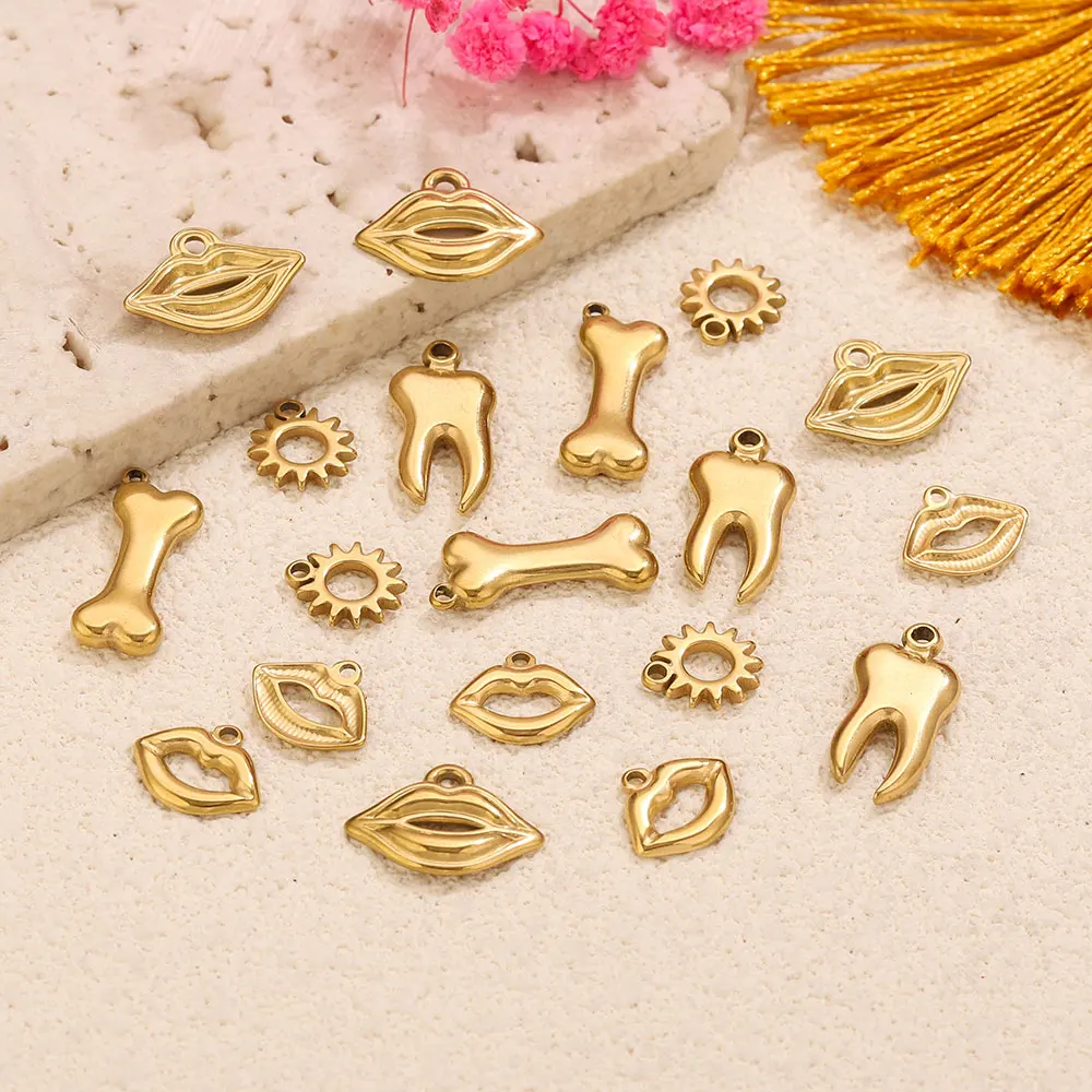 10pcs Stainless Steel Gold Mixed Charms Teeth Lips Bone Sun Pendants Vintage Metal Tiny Charms DIY Necklace Jewelry Making Gift