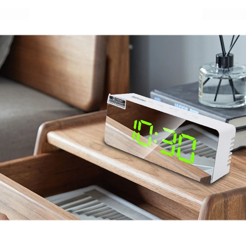 Cyfrowy budzik LED z funkcją drzemki z lustrem i regulowanym wyświetlaczem jasności i temperatury