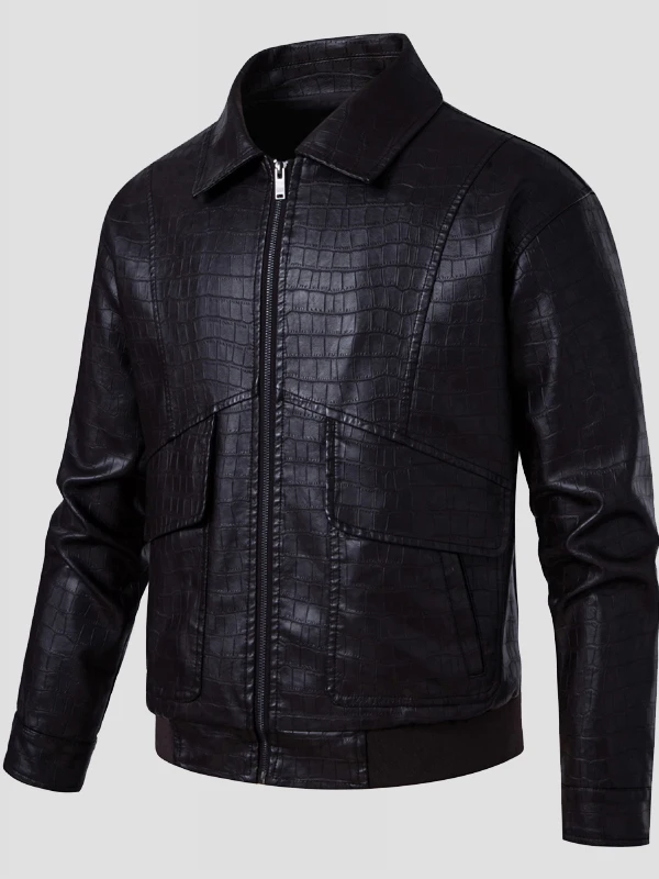 

Busin Casual Leather Jaet Men's Loose Fit Crocodile Pattern Collar Mid-Year Outerwear Faion Urban Sle Long Sve