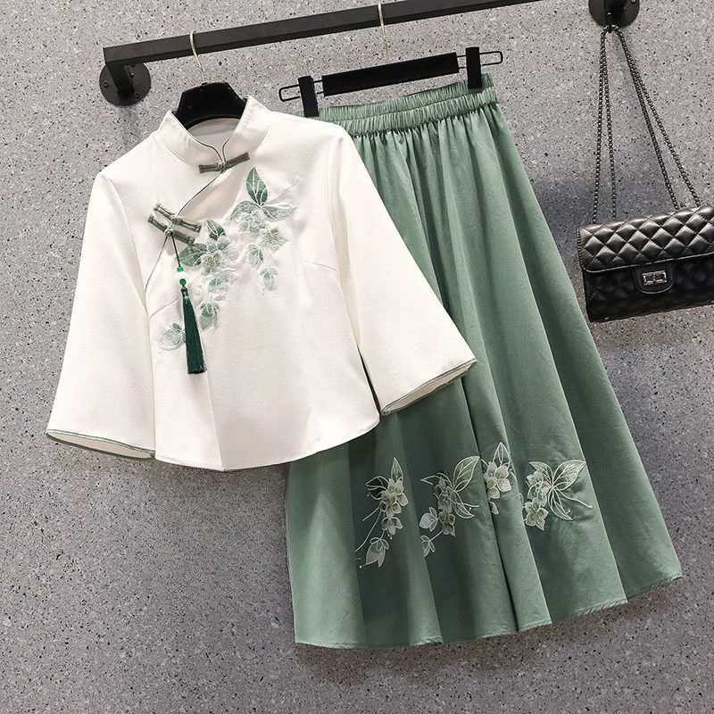 Conjunto de terno de duas peças bordado borboleta feminino, blusa extragrande, Hanfu, blusa, saia, tamanho grande, terno chinês doce, verão