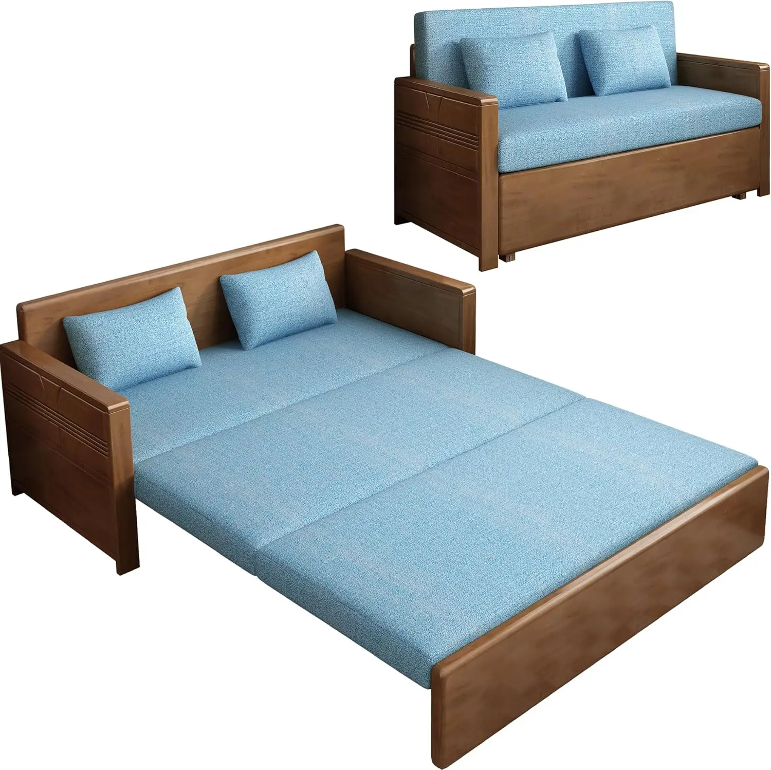 Convertible sofa bed, solid wood sofa bed, three in one pull-out sofa bed for living room, bedroom, and office with pillows