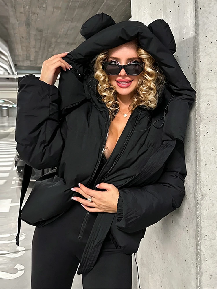 Stand Collar Slim Women's Cotton Jacket Short Full Sleeve Hooded Zipper Loose High Street 2026 Winter Fashion Casual Coat