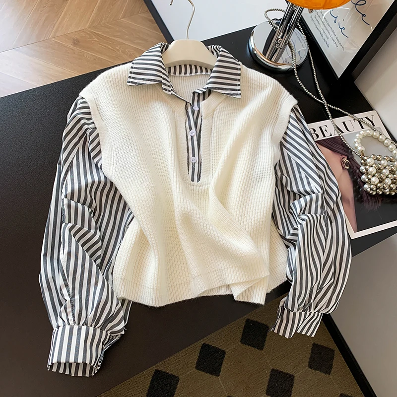 

Осень 2023, женский шерстяной трикотаж с воротником irt, дизайн для поездок на работу, искусственный двухсекционный одиночный модный женский свитер