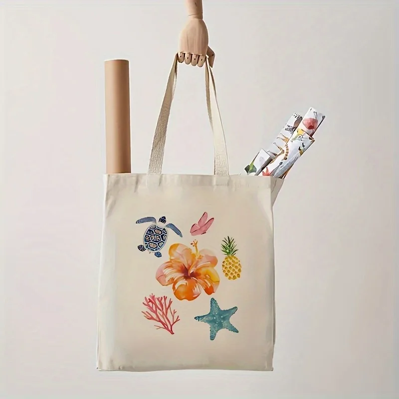 1Printed tropical beach pattern tote bag，Using the sea turtle、Flowers、Brightly colored designs such as pineapple and starfish，Su