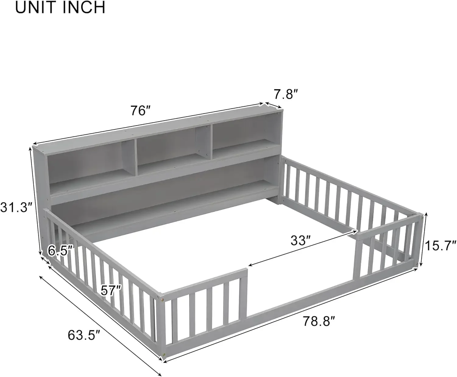 Bellemave Kids Montessori Floor Bed,Full Size Floor Bed With Bookcase And Shelves,Full Bed Frame With Guardrails For