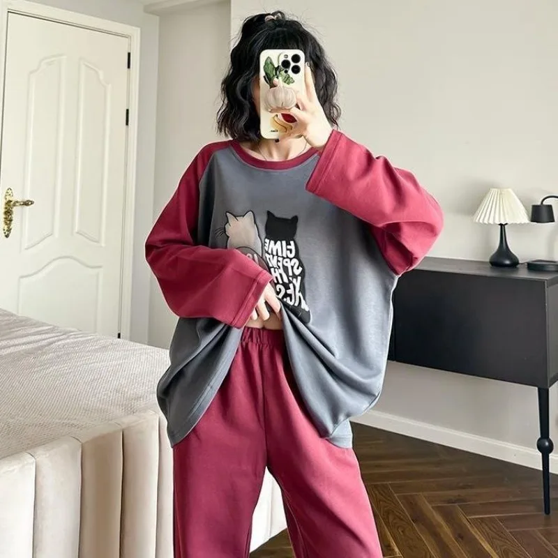 Large Size Velvet Pajamas Autumn Winter Women's Long Sleep Casual Sweet Home Wear Suit Round Neck Contrast Color Sleepwear Set