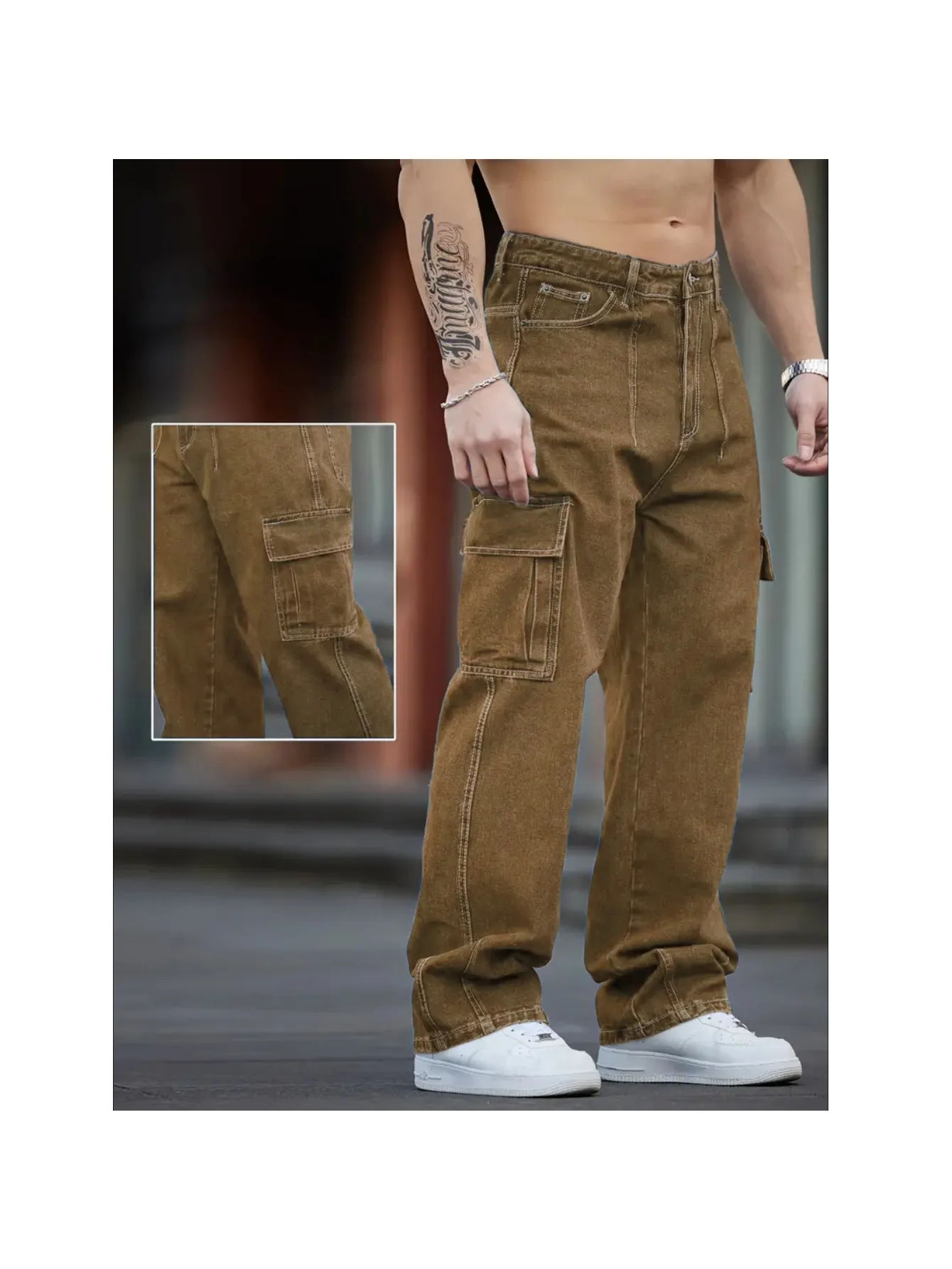 FY10084 Mens Jeans Cargo Pants Workwear Multi Pocket Wide Leg Comfortable All Season