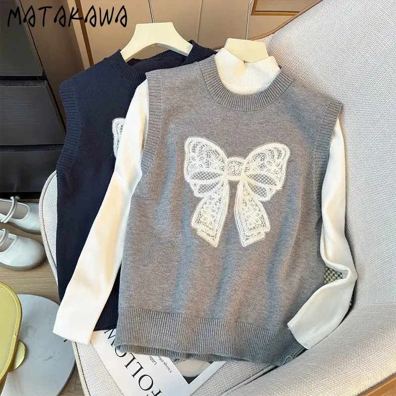 

Matakawa Sweet Bows женские свитера осень-зима с круглым вырезом короткие жилеты корейская мода повседневные винтажные базовые пуловеры