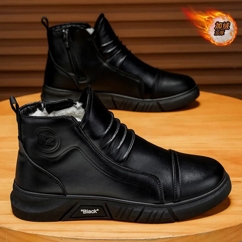 Winter velvet boots men's shoes new high top leather boots men's black leather shoes thick warm short boots cotton shoes