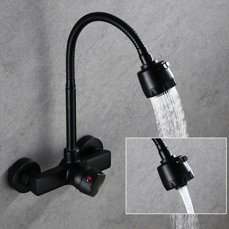 Black Wall Mounted Dual Hole Kitchen Faucet Lead Free Hot Cold Water Mixer Tap Stream Spray Bubbler 360 Rotation Flexible Pipe