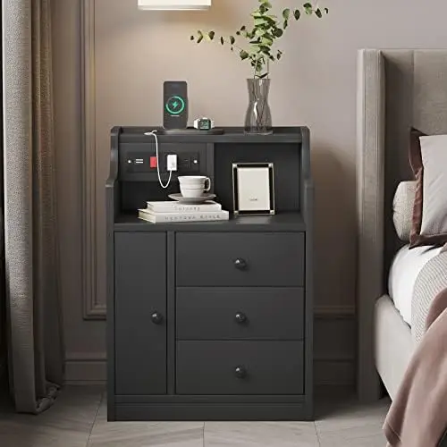 

Nightstand with Charging Station and Hutch, Black Night Stand with 3 Drawers End Side Table with 1 Door, Modern Bedside Table f