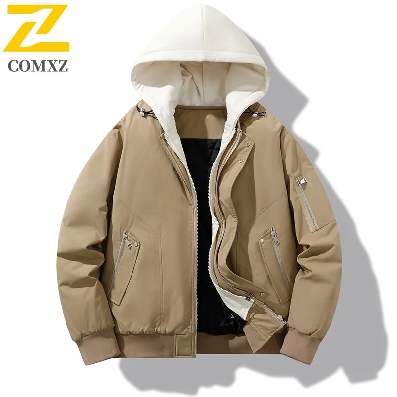 

COMXZ Мужская стеганая куртка с капюшоном для кемпинга, утепленная теплая парка из двух предметов, легкое зимнее хлопковое пальто для путешествий