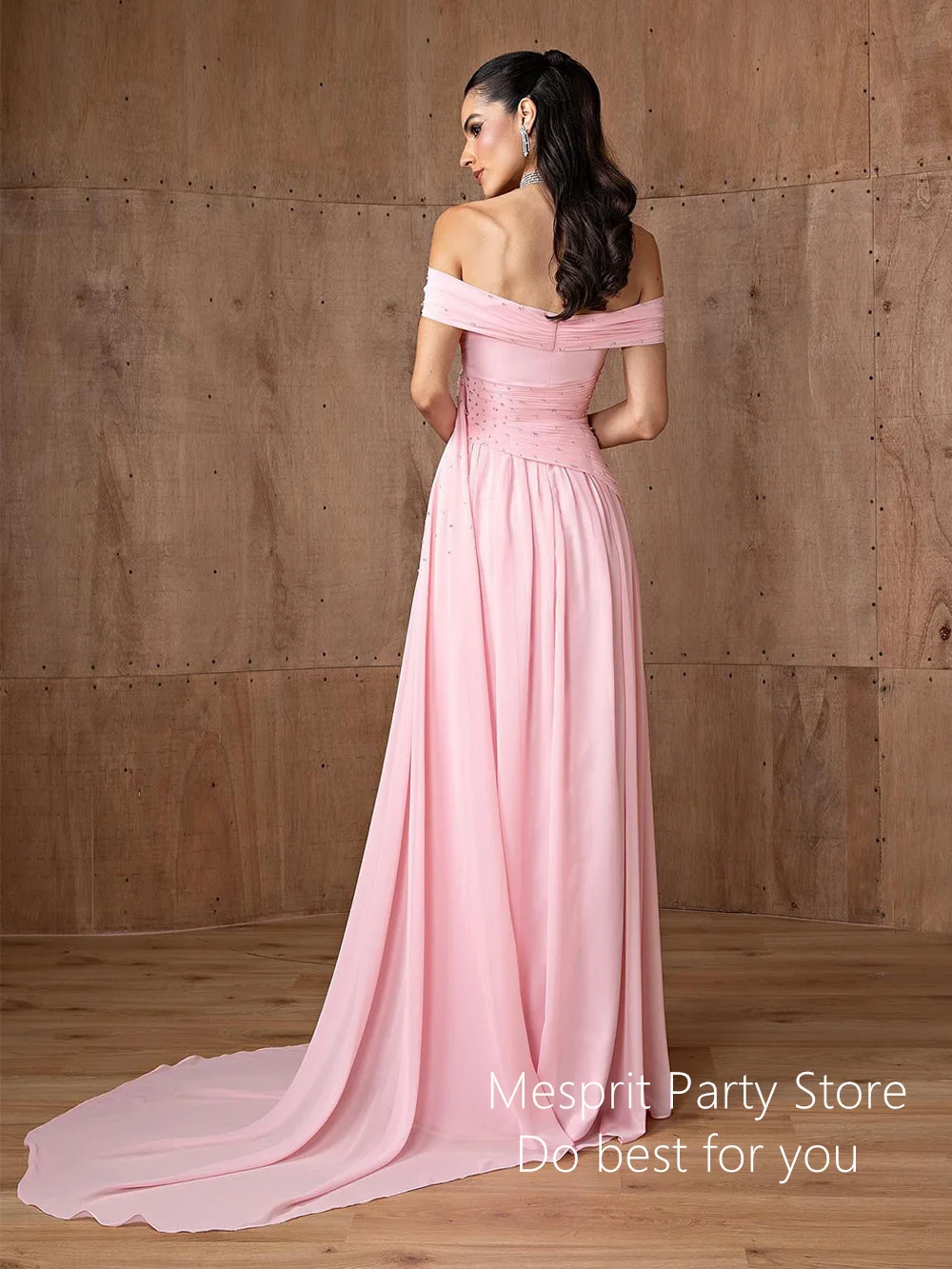 Pink Evening Dress Off The Shoulder Boat Neck Customized Pleat Beading Wedding Party Gown Chiffon Arabian Prom Dresses image 2