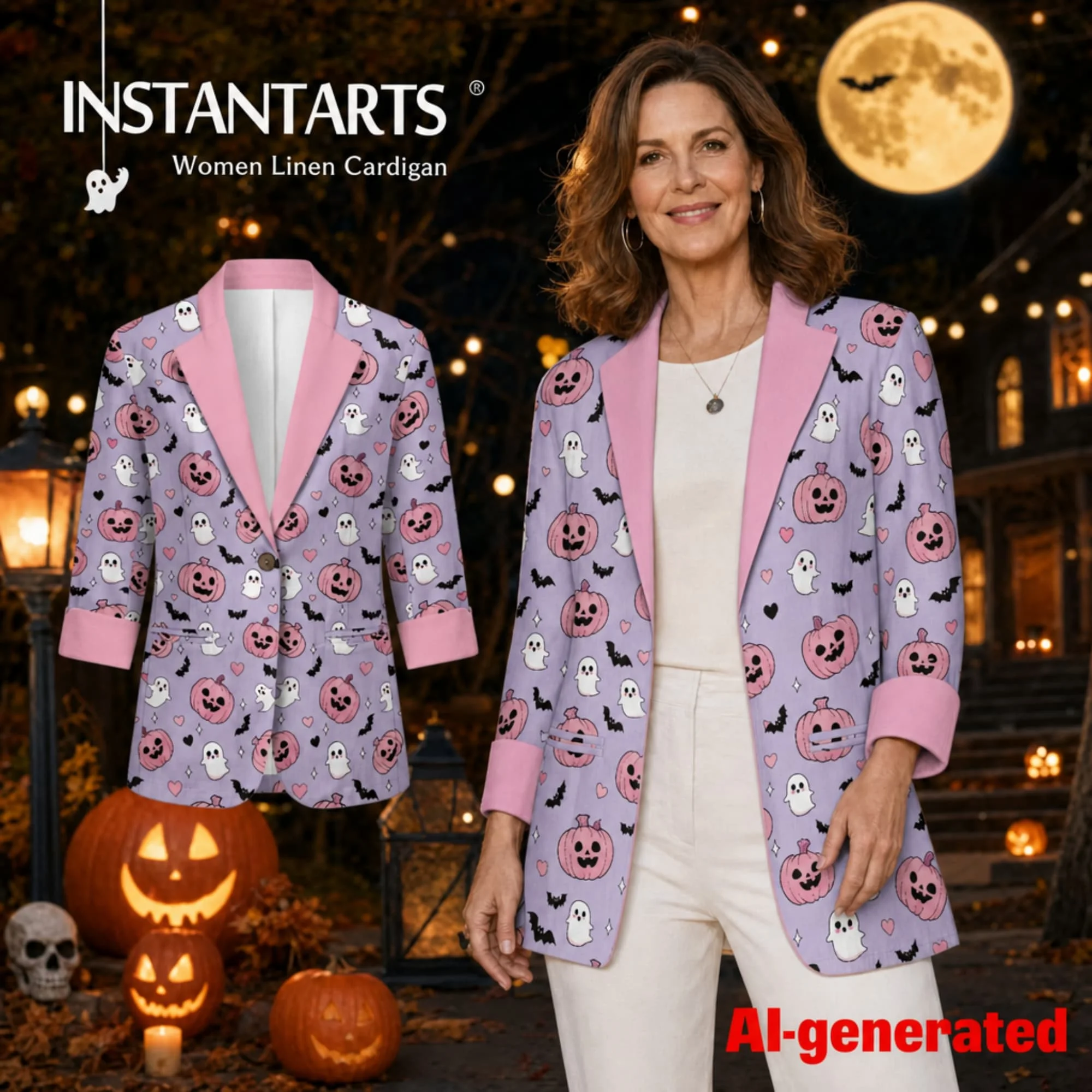INSTANTARTS 2026 New Women's Fashion Button Suit Coat Halloween Linen Cardigan Long Sleeve Hatless Casual Coat Traf 2026 Ropa