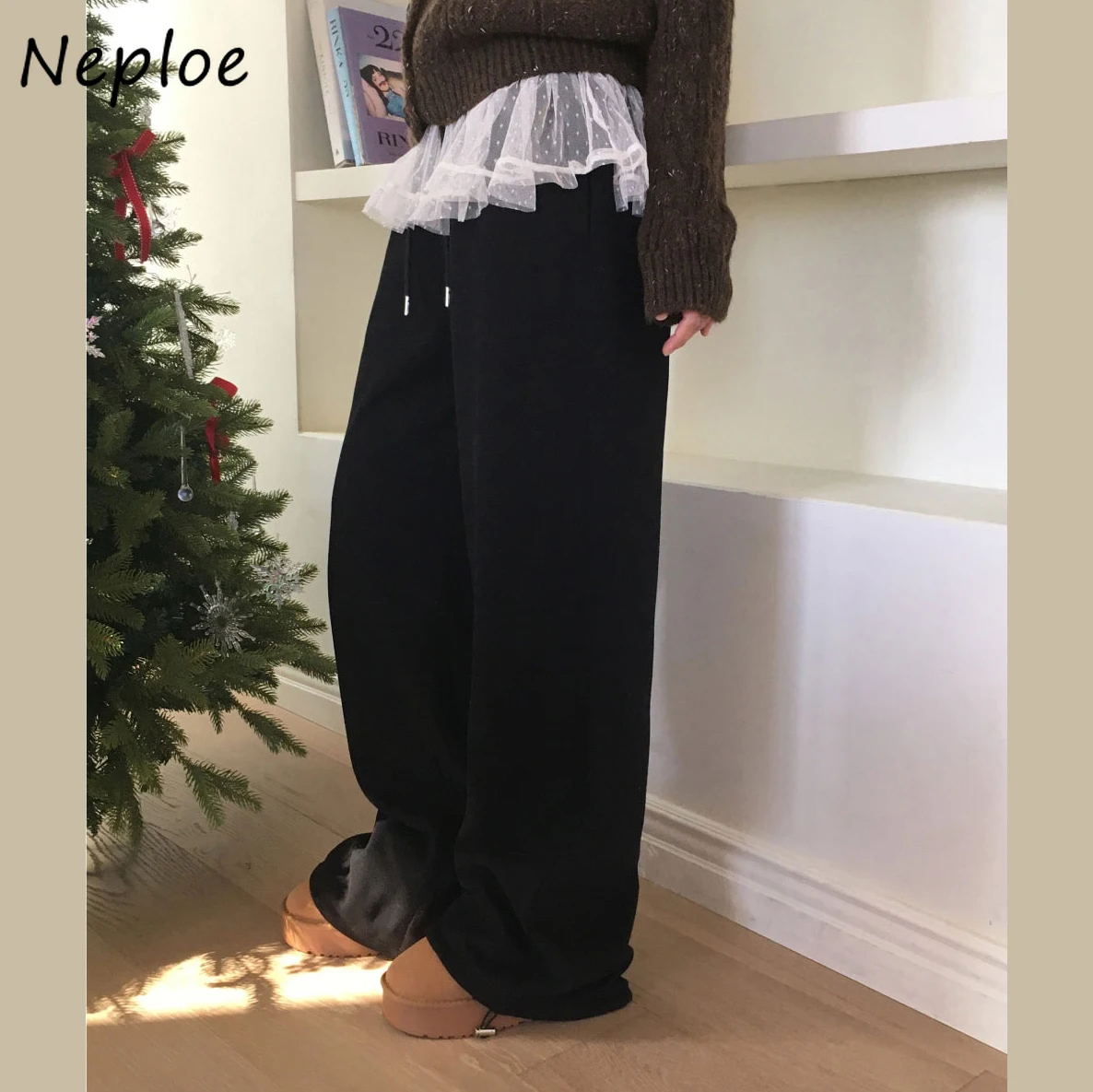 Neploe Knit Loose Lantern Warm Thicked Lace Pants Fungus Patchwork Lace Up Casual Trousers Embroidery Elasticity Korea Sweatpant