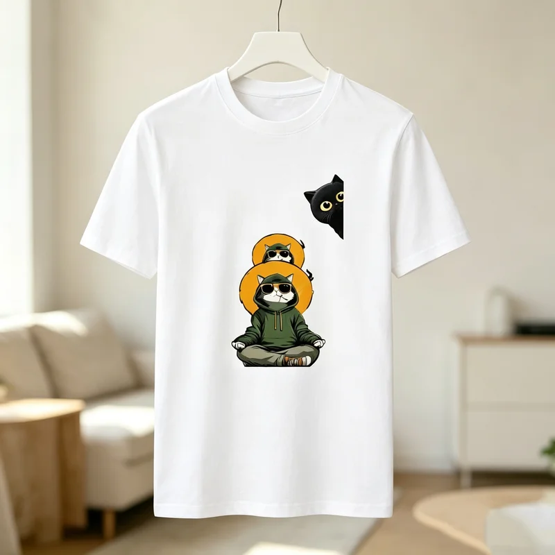 Funny Meditating Peeking Black Cat Graphic T Shirt Unisex Men Women Cotton Short Sleeve Tee Streetwear Casual Birthday Gift