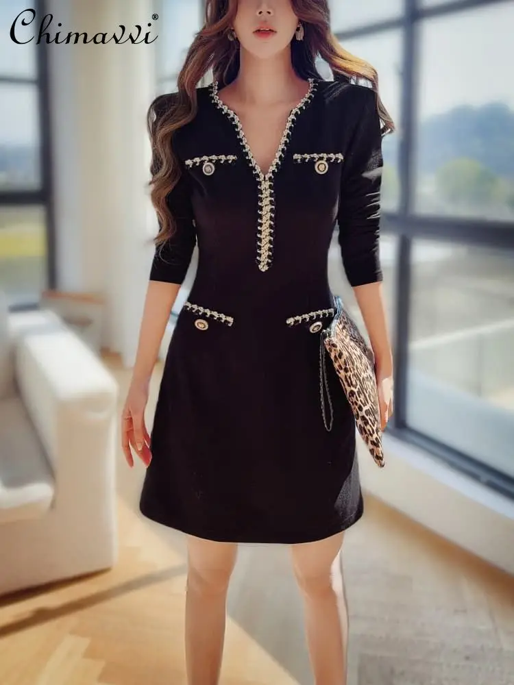 

High-End Fashion V-Neck Slimming Elegant Dress 2025 Autumn Clothes New Commuter Long Sleeve High Waist Short Women's Dress
