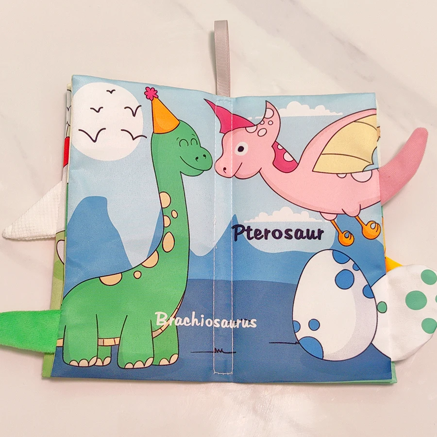 Libro in stoffa con coda di dinosauro per l'educazione precoce del bambino, lavabile, morso, duro a strappo a mano, libro cognitivo, giocattolo puzzle per neonati