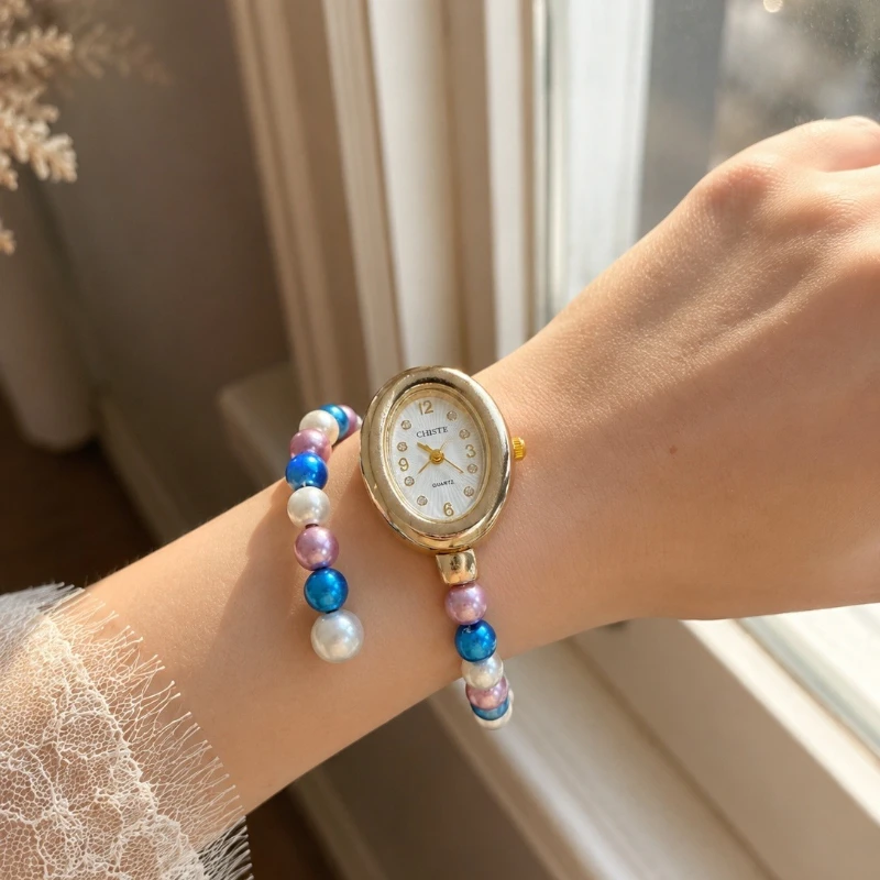 New Rainbow Pearl Women's Bracelet Watch Elegant Oval Small Dial Quartz Wristwatch for Ladies Fashion Female Clock Jewelry Gift