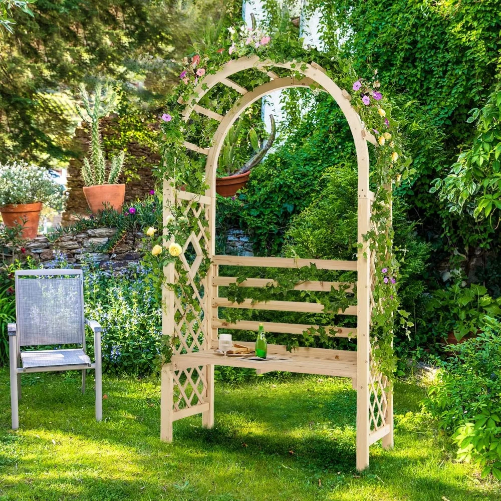 

81in Garden Arch with 2-Person Bench, Wooden Garden Arbor Archway Trellis for Climbing Plants, Outdoor Wedding Arches Patio