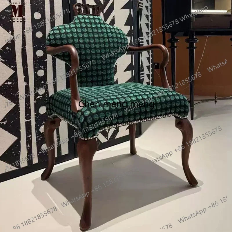

French retro solid wood dining chair fabric crown book chair living room balcony engraved leisure armchair sofa small apartment