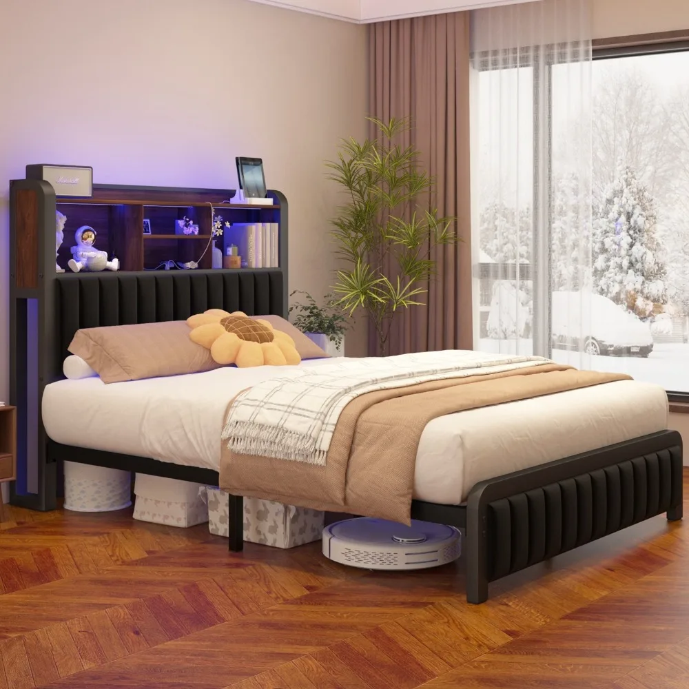 Full/Queen Size Metal Bed Frame with Storage&Charging Headboard, LED Light