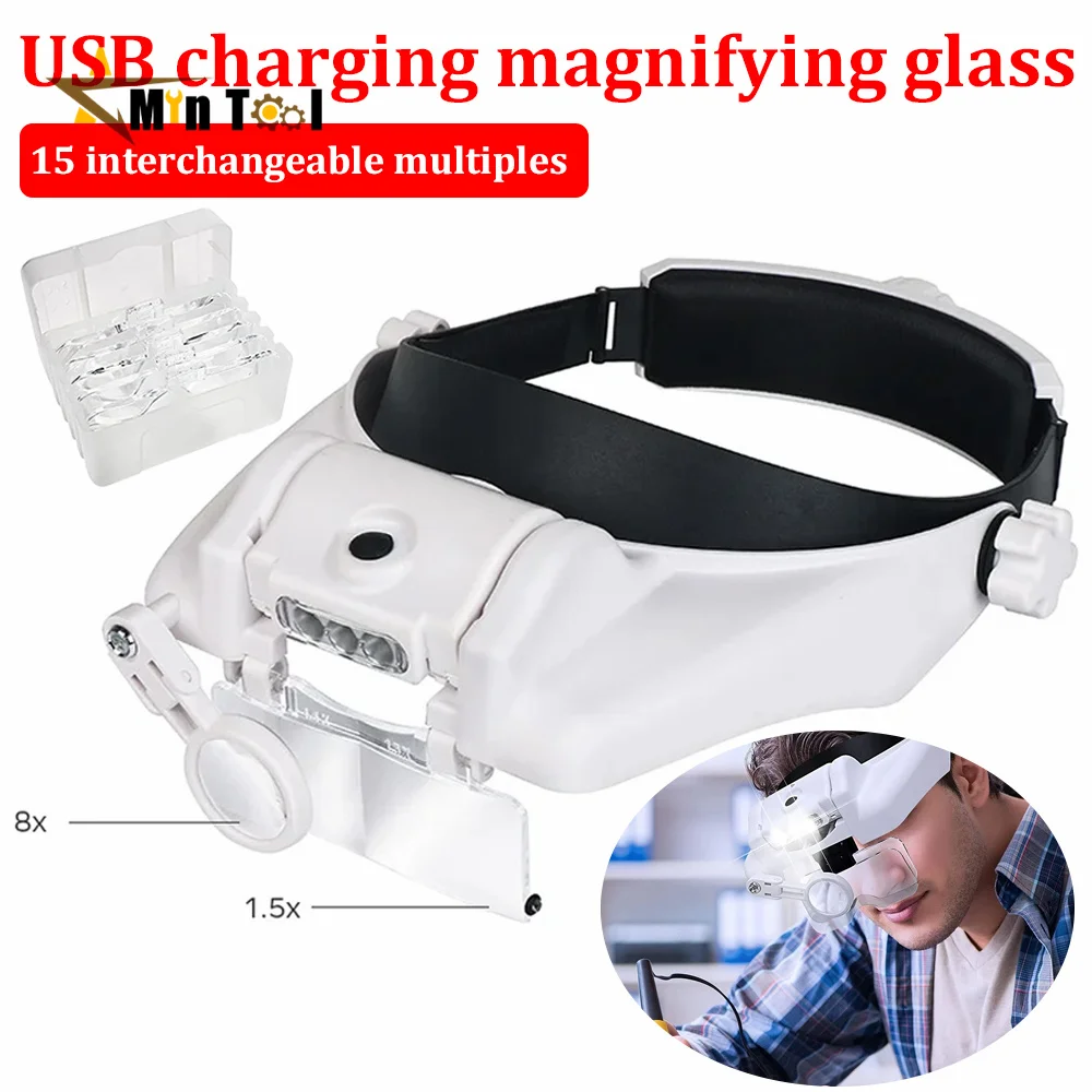 USB Rechargeable Glasses Loupe Watchmaker Glasses Magnifier LED Headband Magnifying Glass 1.5x 2x 2.5x 3x 3.5x 8 Repair Tool