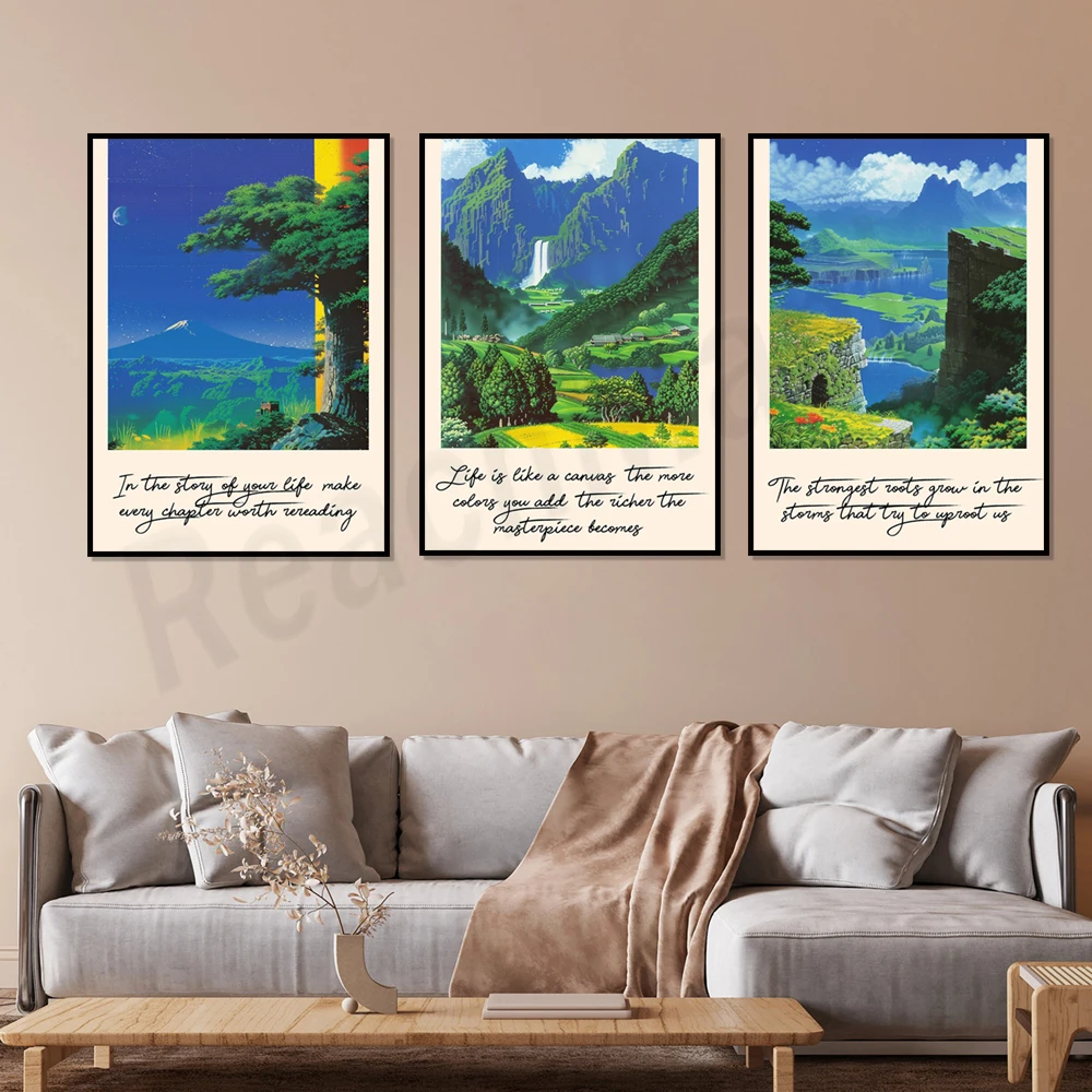 Landscape painting, ancient ruins and valley, peaceful countryside, fortress by the river, inspirational nature quote poster