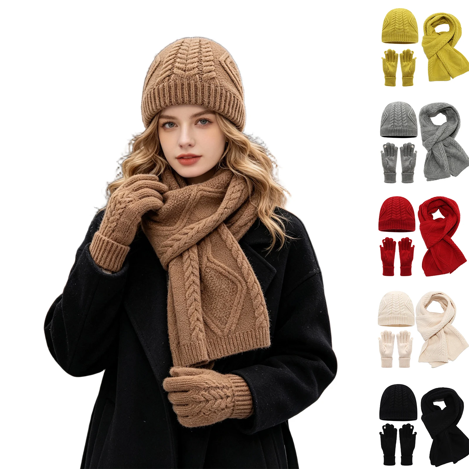Ladies Thickened Warm Hat Scarf Gloves 3-in-1 Set Anti-Cold Women Winter Knit Accessory Bundle for Cold Weather