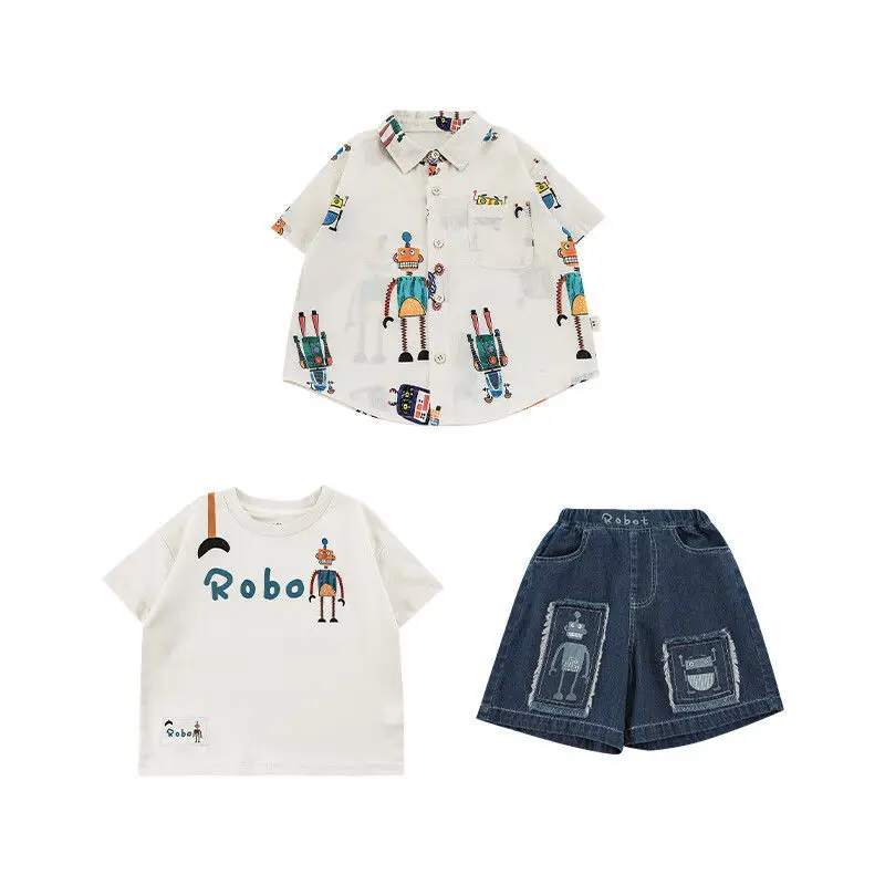 

2025 Promotion For Boys' Summer New Lightweight Loose T-shirt Lapel Shirt Children's Shorts Robot Series 100 Cotton Short T