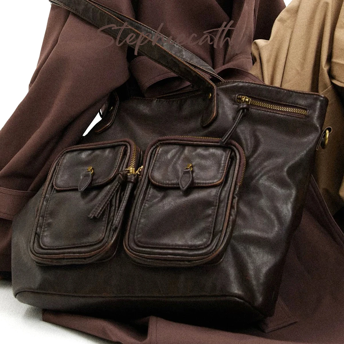 SC Y2K Cool Girl Street Style Fashion Washed PU Leather Handbag Women's Vintage Tote Adjustable Strap Cross body Shoulder Bag