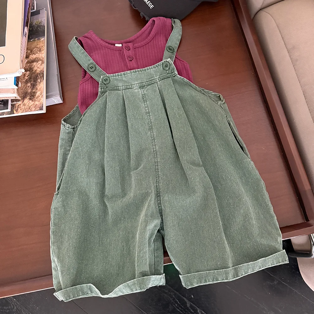 Childrens Set Spring and Autumn New Korean Version Denim Retro Suspender Versatile Wide Leg Pants Vest Base Fashionable Casual