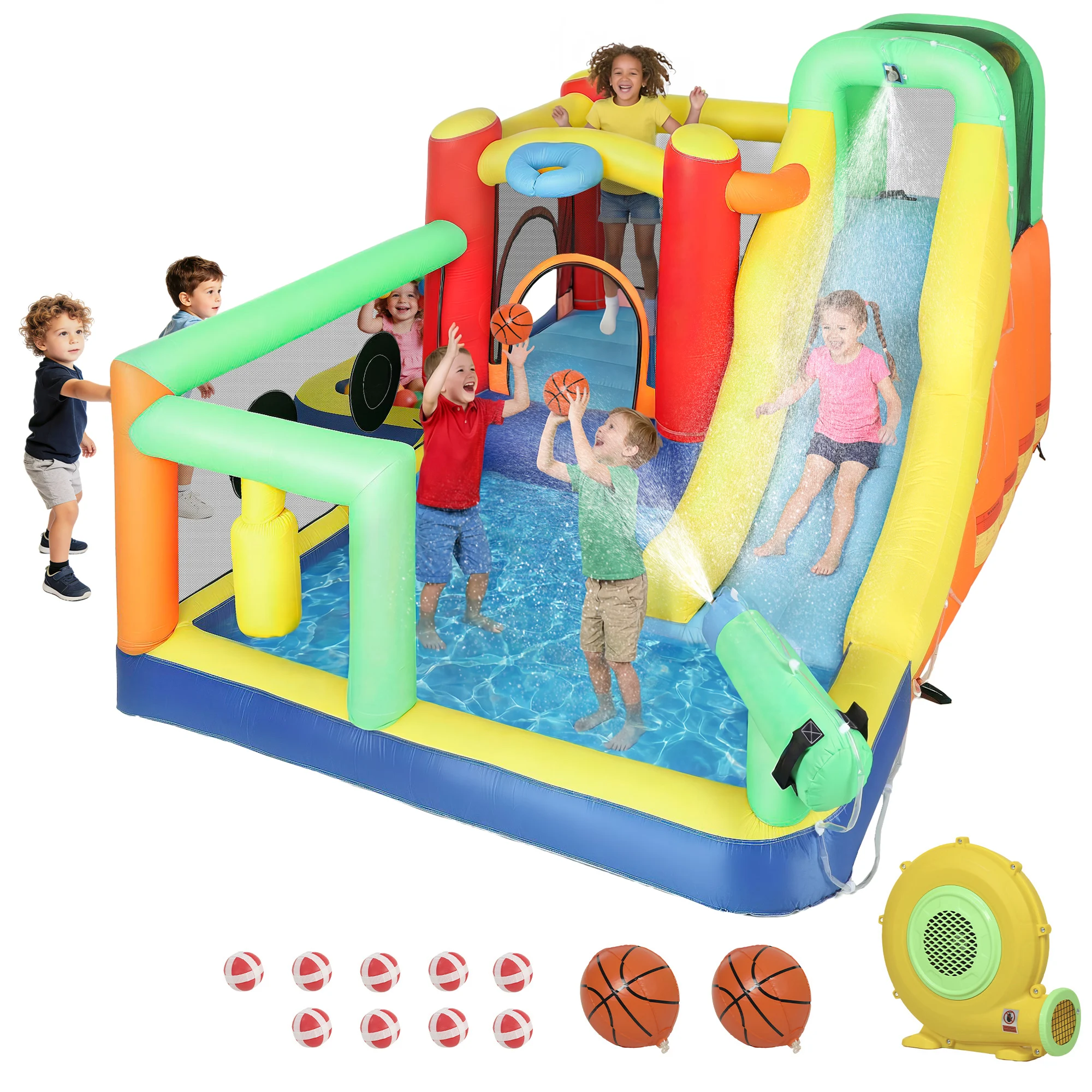 Château Gonflable Aquatique Aiyaplay avec Souffleur 9-en-1 de 550W, Toboggan, Trampoline, Mur d'Escalade, 2 Piscines et Colonne de Boxe