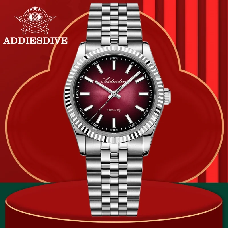ADDIESDIVE 36mm Men Watch Jubilee Strap 10Bar Diving 316L Stainless Steel Sapphire Crystal BGW9 Super Luminous VH31 Quartz Watch