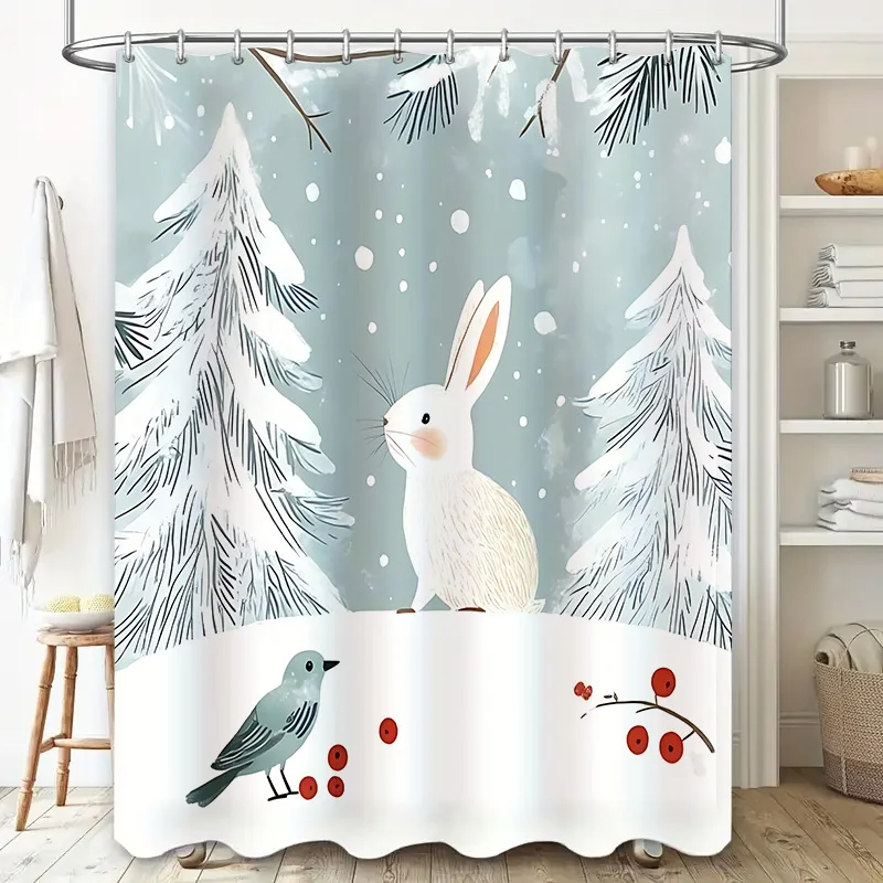

Зимняя занавеска для душа с белым кроликом и синей птицей, милый дизайн с животными для детской ванной комнаты, водонепроницаемые и прочные нержавеющие крючки ‌