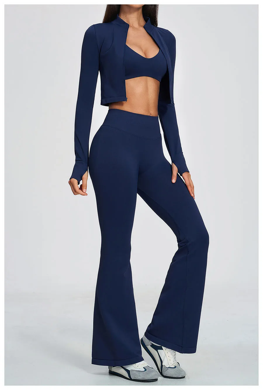 Damen-Trainingsanzug 3-teilig, Yoga-Anzug, nahtloses Sportset, ausgestellte Leggings, Fitness- und Laufoutfit, langärmelige Sportjacke, Yoga-Bekleidung – Detail 13