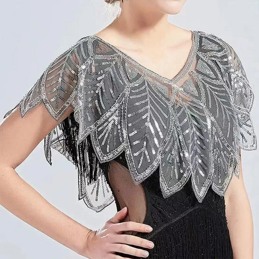 Women 1920s Evening Shawl Elegant Embroidered Beaded Capelet for Women Sparkling Sequin Party Shawl V Neck Gauze Summer Coat