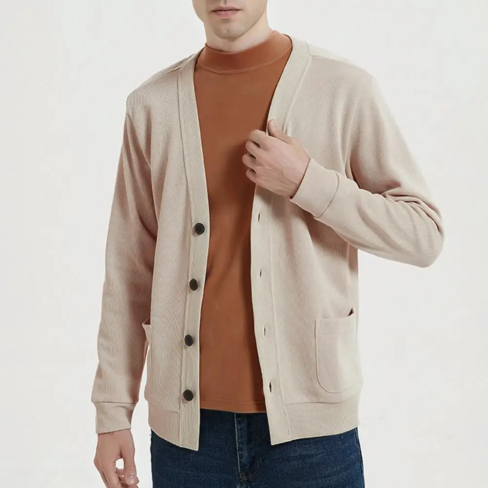 

Fall Winter Men Cardigan V Neck Knitted Elastic Coat Loose Single-breasted Formal Business Style Sweater Coat