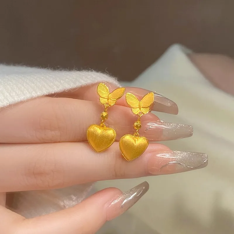 

Butterfly brushed love earrings for women 24K gold, AU999 adjustable butterfly heart-transmitting wear aesthetics