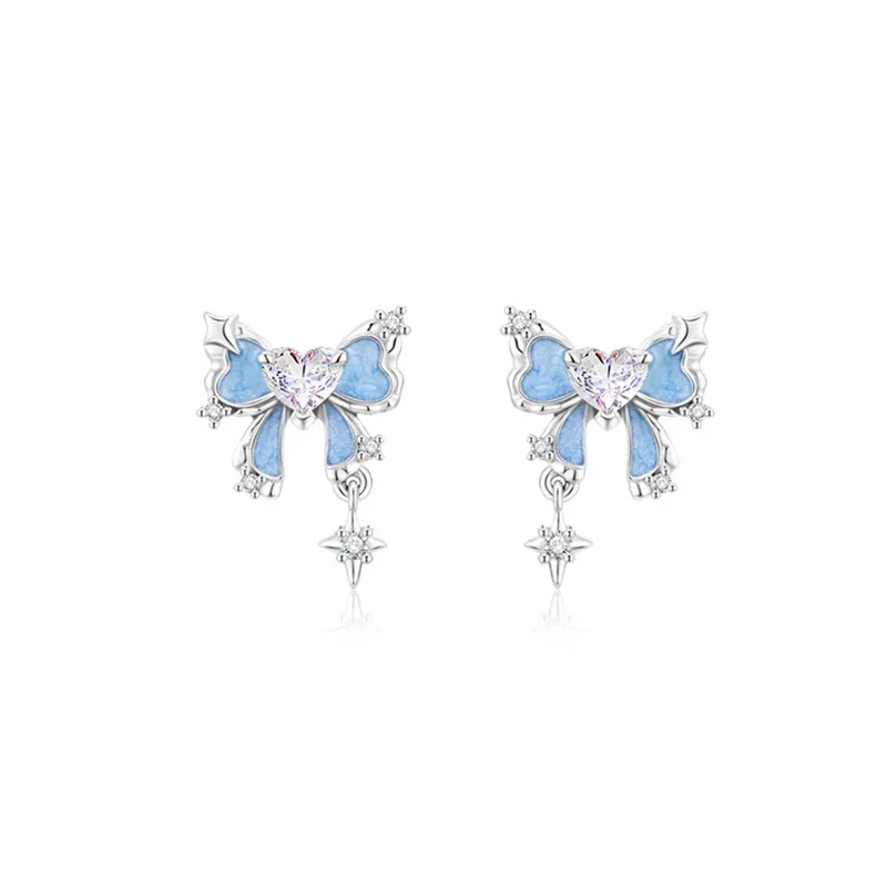 925 Silver Sweet Blue Night Light Love Bow Necklace Shining Zircon Earnail Jewelry Set Women's Birthday Party Gift