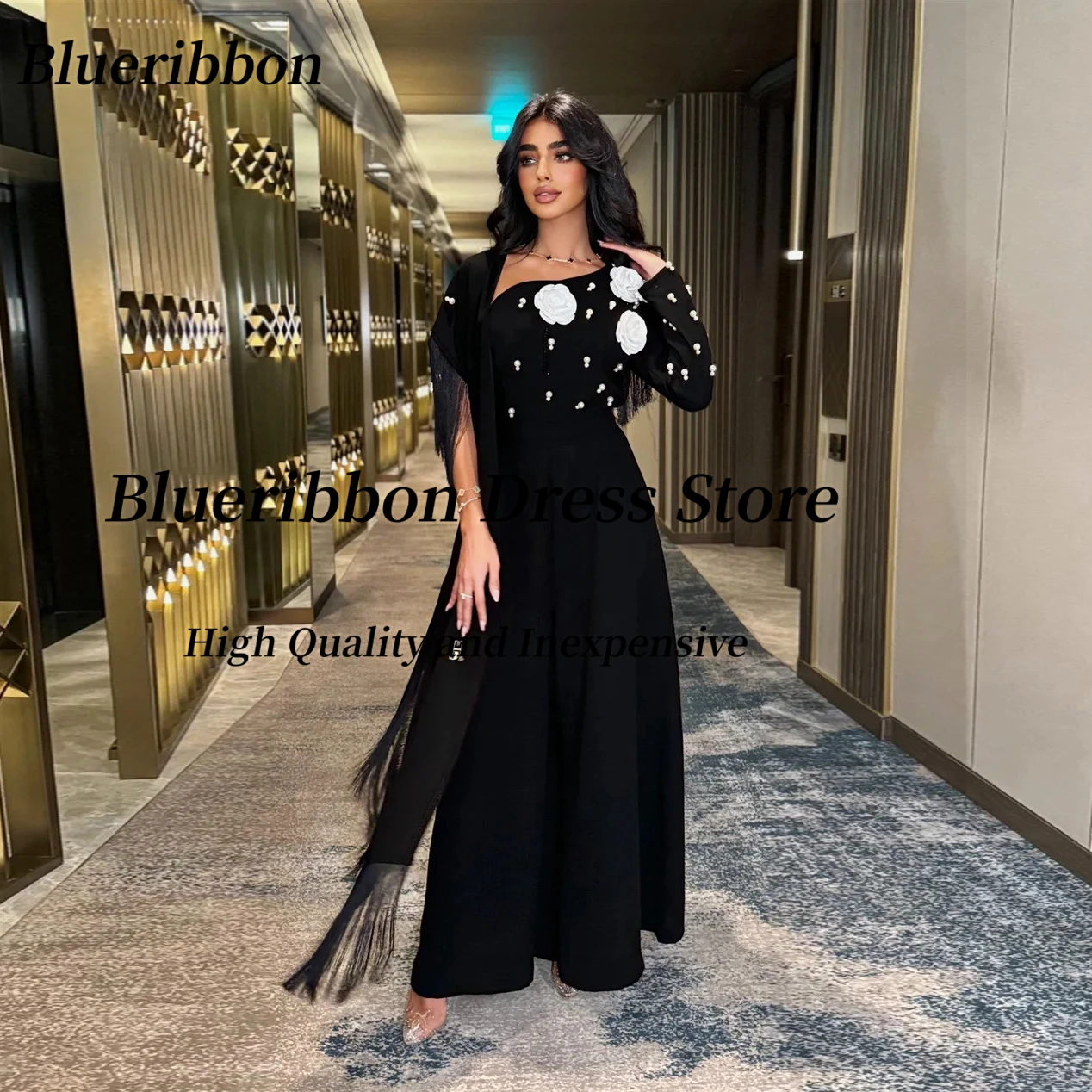 

Blueribbon Customized Black Prom Dresses with Tassels Shawls Robes De Soirée Beaded Flowers Long Sleeve Evening Gowns Saudi