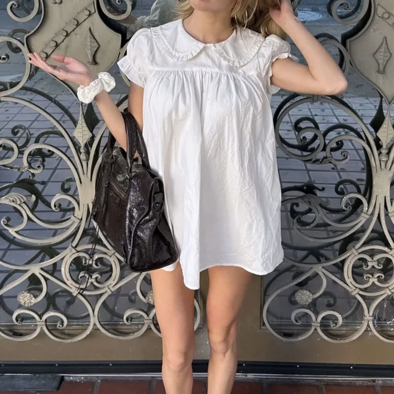 

Женское короткое платье Y2K в стиле фейри-бэбидолл с воротником-куклой, пышными рукавами-фонариками, милое мини-платье для девочек-подростков, сарафан в стиле преппи, пляжная одежда