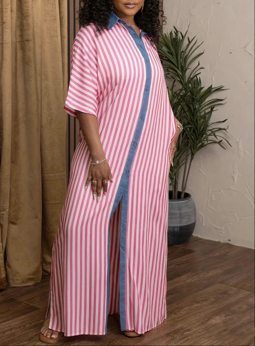 

Женское модное повседневное розовое платье допамина больших размеров в вертикальную полоску