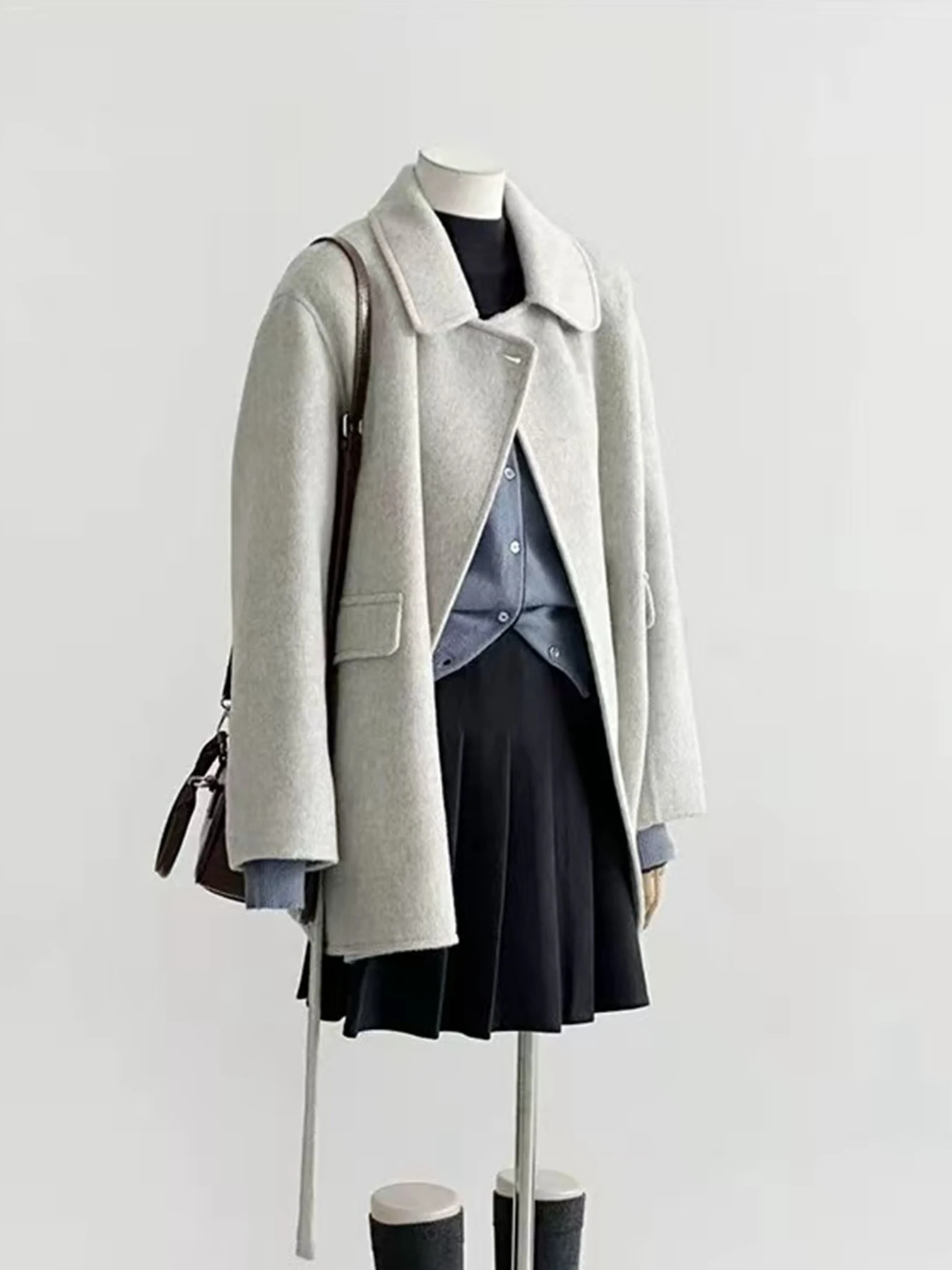 

Двустороннее шерстяное пальто из кашемира для женщин, цвет овсяный, новая коллекция осень-зима 2025, корейский стиль, маленький размер, премиум-класс