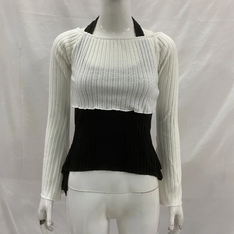 Herbst Hängenden Hals Gestrickte Slim Fit Hottie frauen Top Koreanische Y2K Gespleißt Farbe Blockieren Lange Ärmeln T-shirt Zwei-stück Set