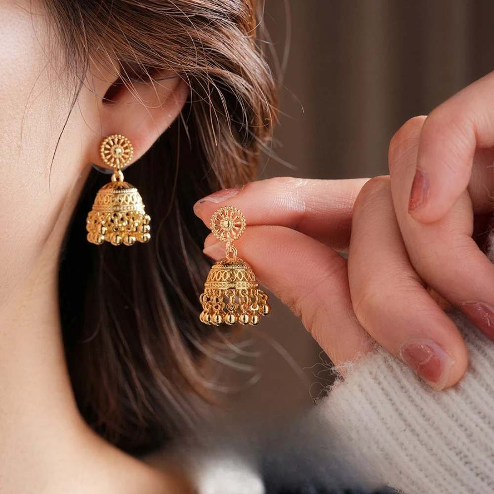 Bohemian Ethnic Style Sunflower Disc Filigree Crescent Zircon Bell Tassel Dangle Earrings for Women Exotic Stage Show Jewelry