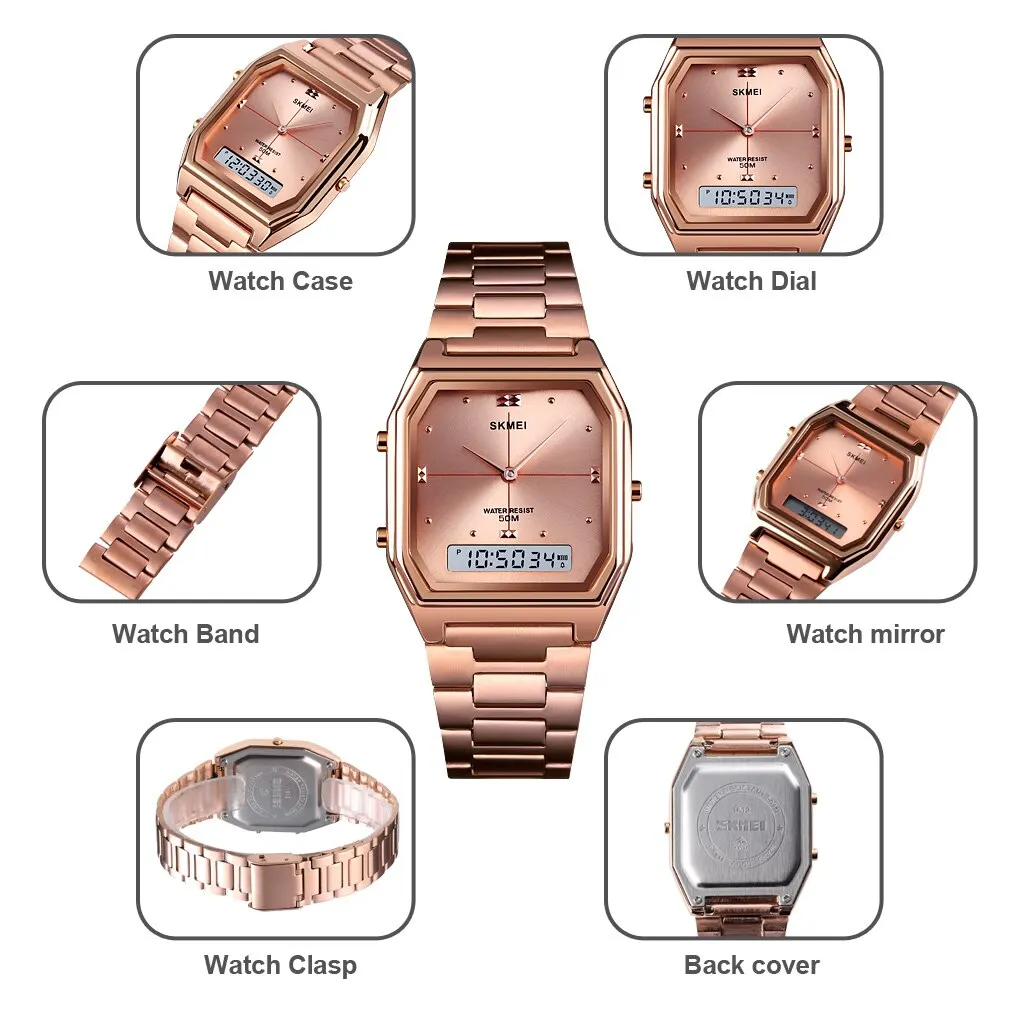 Skmei Topmerk Luxe Roestvrij Staal Chrono 3 Time Display Digitale Polshorloges Voor Mannen Vrouwen 5bar Waterdicht Reloj Hombre