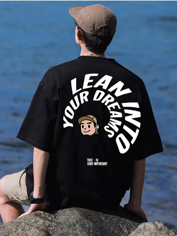 

Мужская футболка свободного кроя с коротким рукавом, с буквенным принтом, повседневный дышащий летний топ, модная брендовая футболка с круглым вырезом в японском стиле