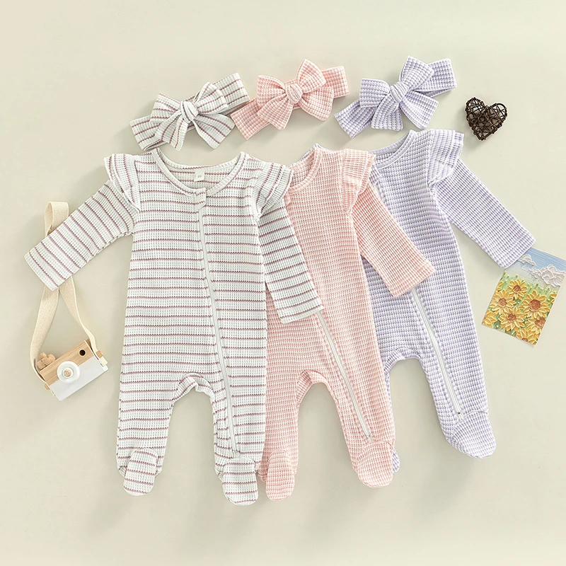 Roupa do Bebê Recém-nascido, Plissado, Dorminhoco, Zíper, Foottie, Romper De Malha, Playsuit, Macacão Com Headband, Roupa, 0 a 9M, 2 Pcs