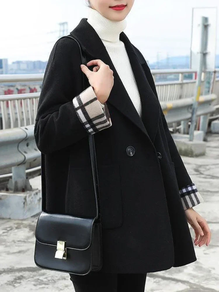 Korean Version Woolen Coat Fashion Winter Women's Jacket Herringbone Print Female Coat Simplicity Solid Color Coat for Women
